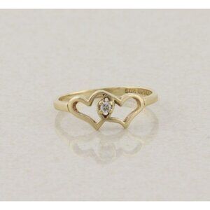 10k Yellow Gold Diamond Two Heart Ring Dainty Woman Teen Girl Size 5 1/4